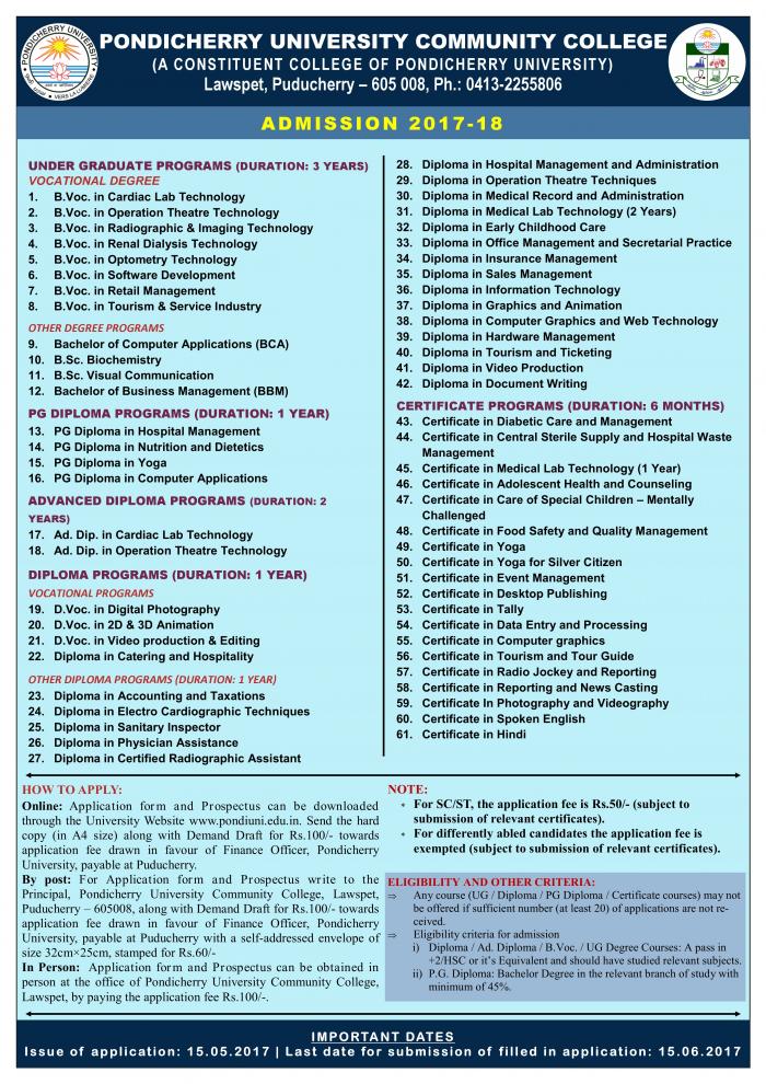 PUCC - Admission Application for Admission to Various Courses for the  Academic year 2017-2018 | Pondicherry University