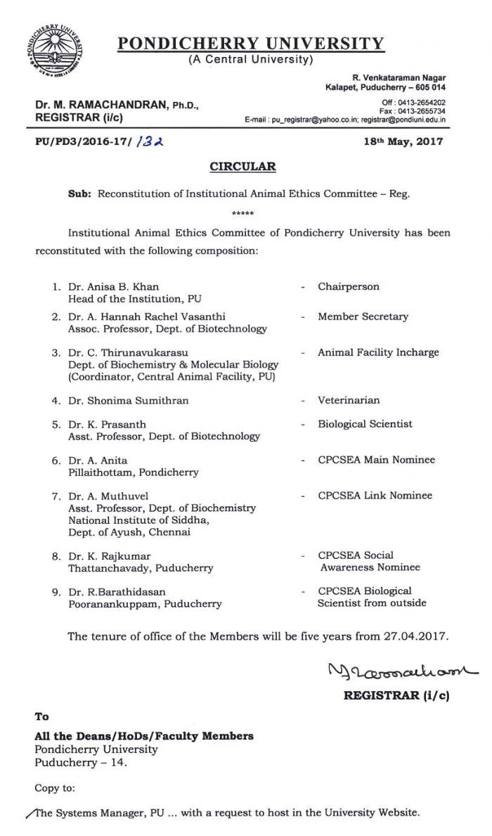 Reconstitution of Institutional Animal Ethics Committee | Pondicherry  University
