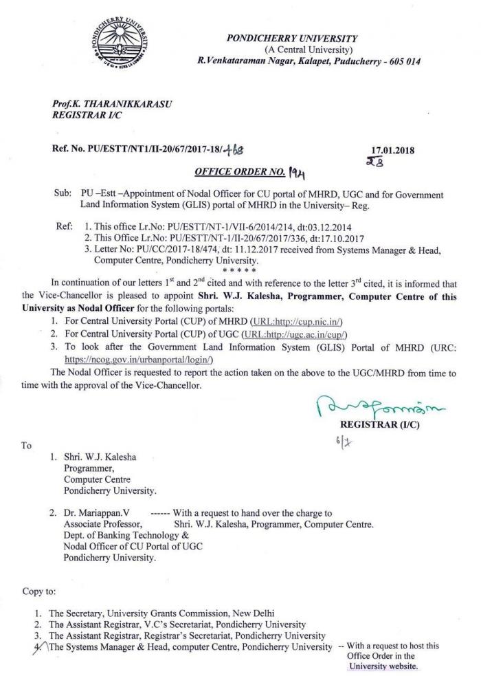 Appointment of Nodal Officer for CU Portal of MHRD, UGC & for ...