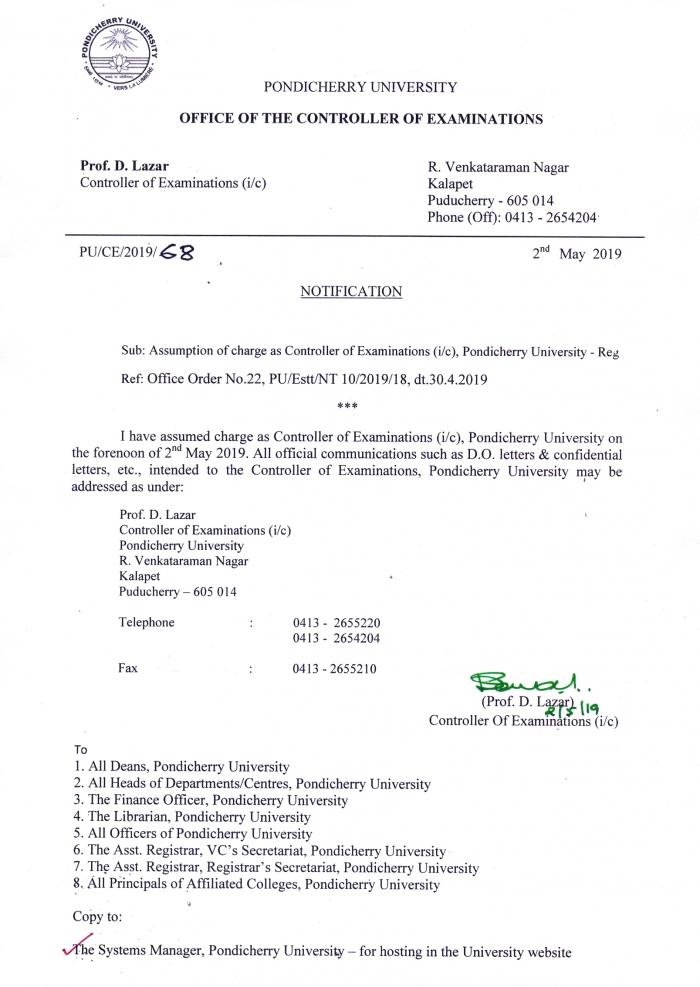 Assumption of Charge as Controller of Examinations (i/c), Pondicherry ...