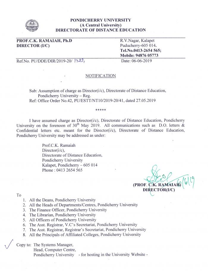 Assumption of Charge as Director (i/c) Directorate of Distance ...