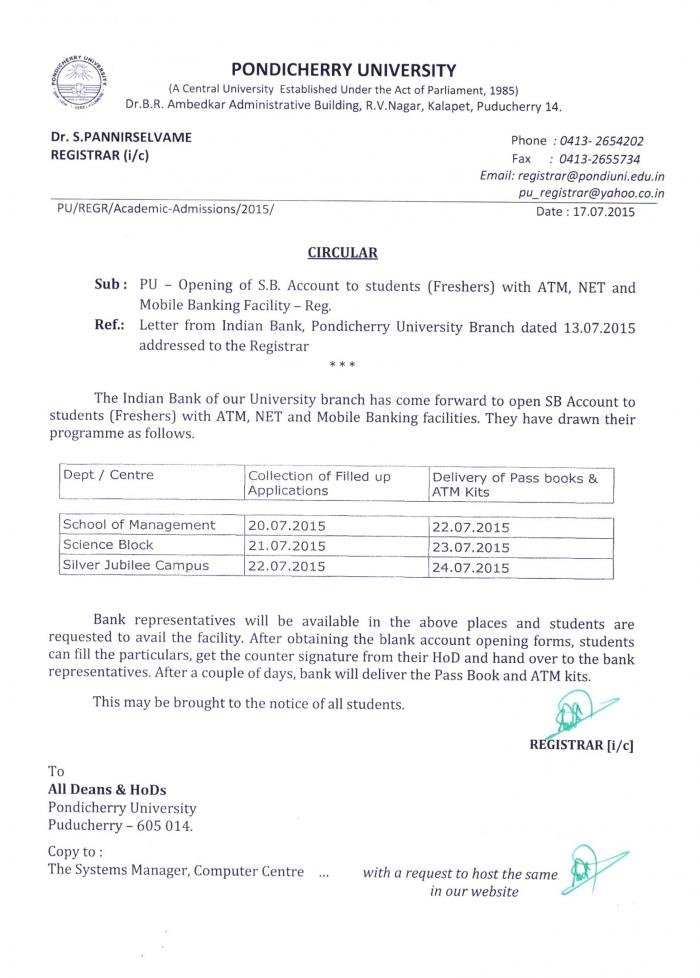 Opening of SB Account to students (Freshers) with ATM, NET and Mobile ...