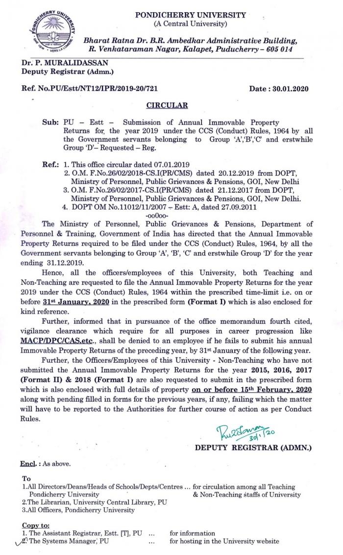 Submission of Annual Immovable Property Returns for the Year 2019 Under ...