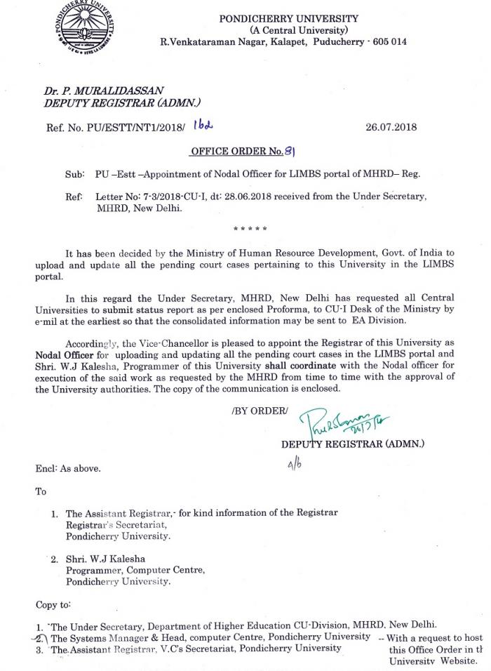 Appointment of Nodal Officer for LIMBS Portal of MHRD | Pondicherry ...