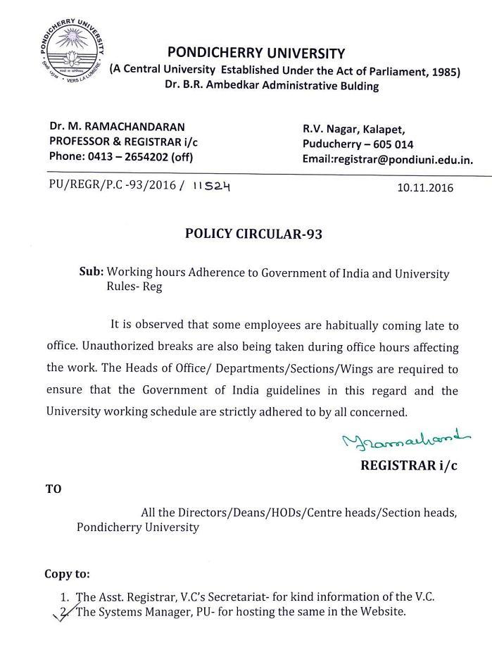 Policy Circular - 93 -Working hours Adherence to Govt. of India and  University Rules | Pondicherry University