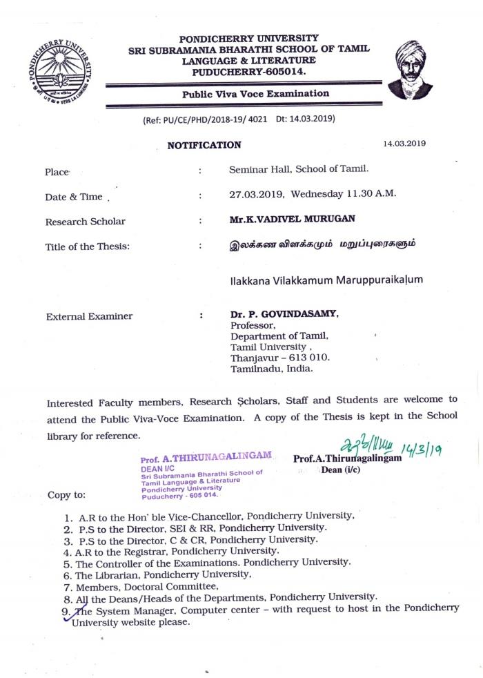 Ph.D. Public Viva – Voce Examination Notification of Mr.K.Vadivel ...