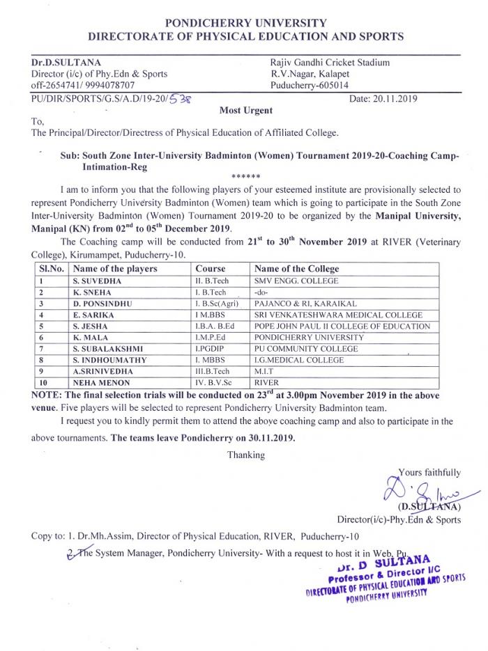 South Zone Inter-University Badminton (Women) Tournament 2019-20 ...